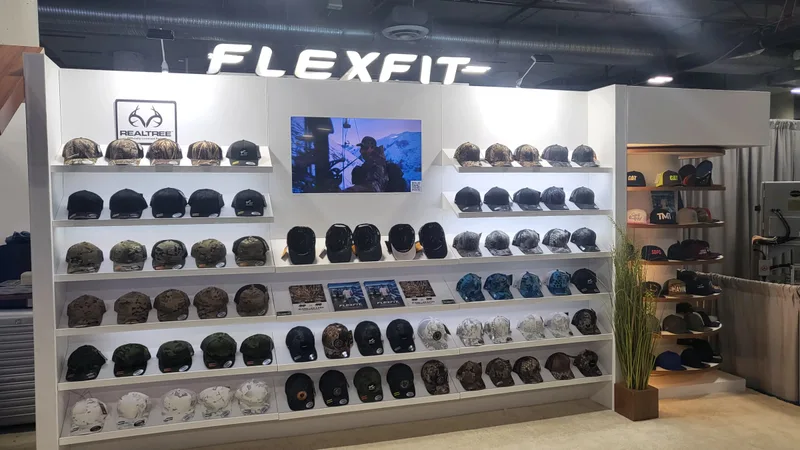 Flexfit-Messestand mit Cap-Wand und FLEXFIT-Schriftzug (SHOT Show 2024), in der Ecke klein ein Realtree-Logo