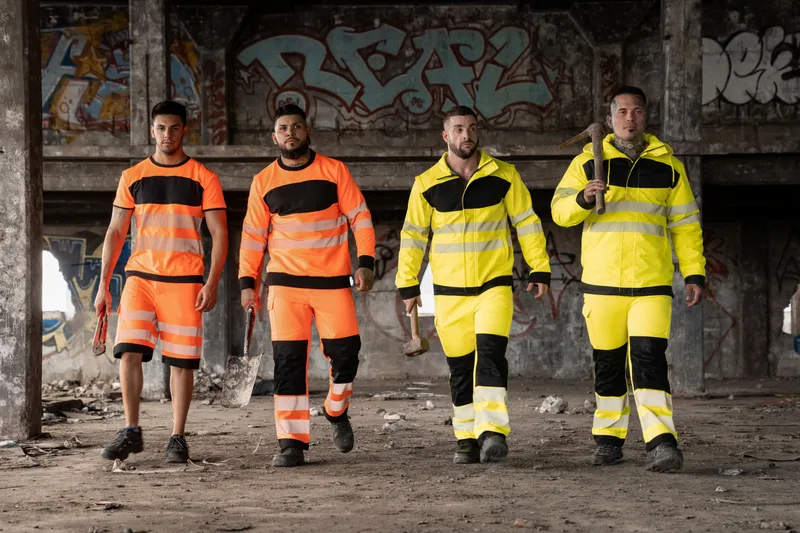 Vier Männer in orangener und gelber Warnschutzkleidung (Serie EOS) in einer verfallenen Industriehalle mit Graffiti