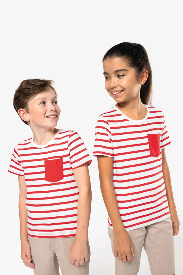 Gestreiftes Kurzarm-T-Shirt mit Tasche für Kinder im Marine-Stil
