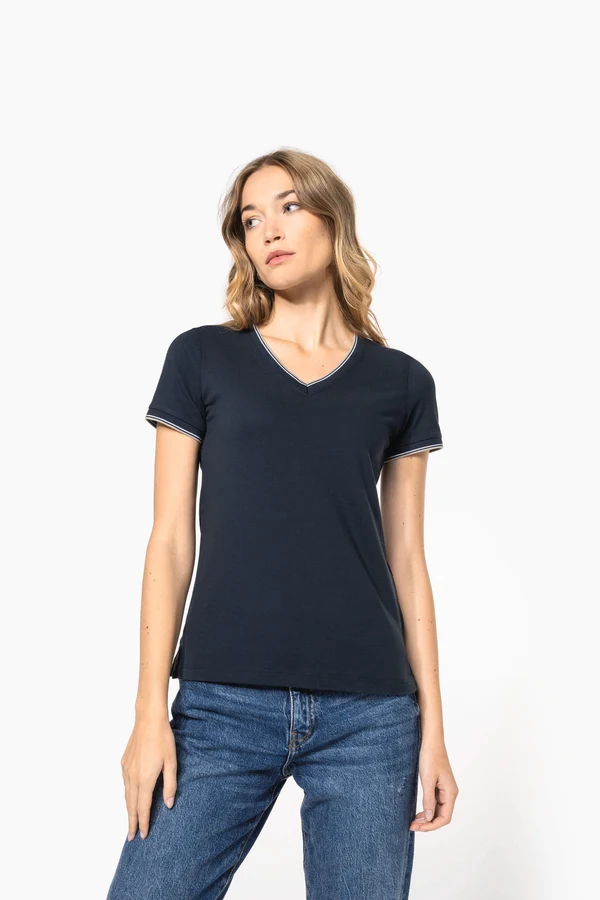 Damen T-Shirt aus Piqué-Trikot mit V-Ausschnitt
