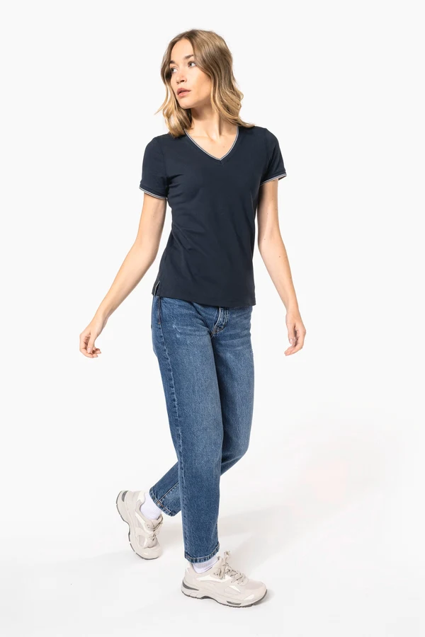 Damen T-Shirt aus Piqué-Trikot mit V-Ausschnitt