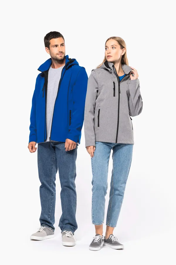 3-lagige Unisex-Softshell-Jacke mit Kapuze und abnehmbaren Ärmeln