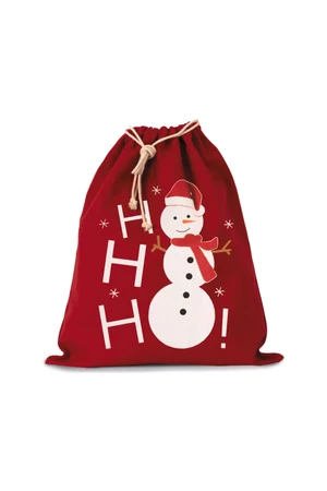 Cotton bag with snowman design and drawcord closure