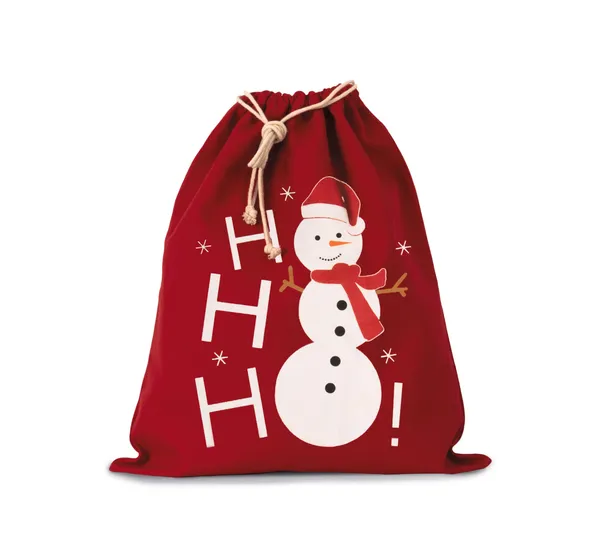 Cotton bag with snowman design and drawcord closure