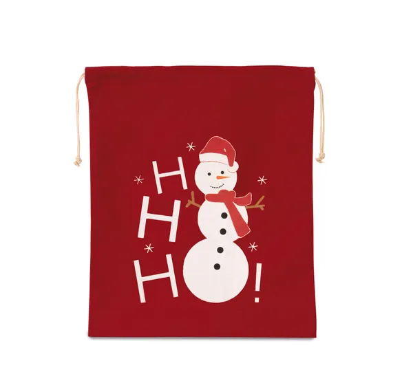 Cotton bag with snowman design and drawcord closure