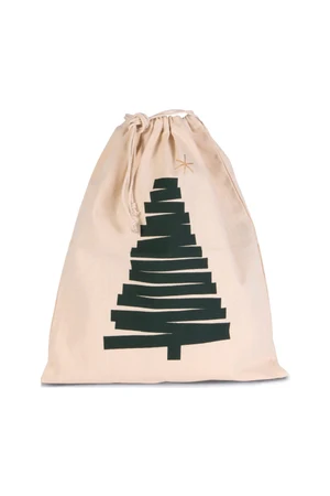 Cotton bag with Christmas tree design and drawcord closure.