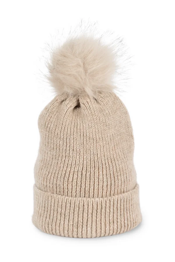 Bommelmütze mit recyceltem Garn Light Sand Heather