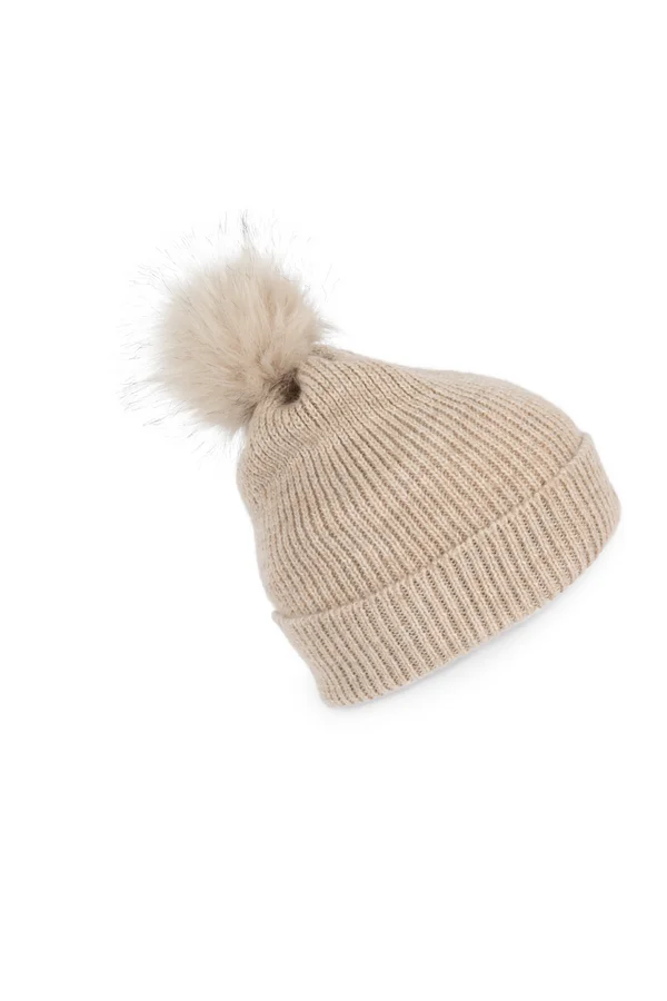 Bommelmütze mit recyceltem Garn Light Sand Heather