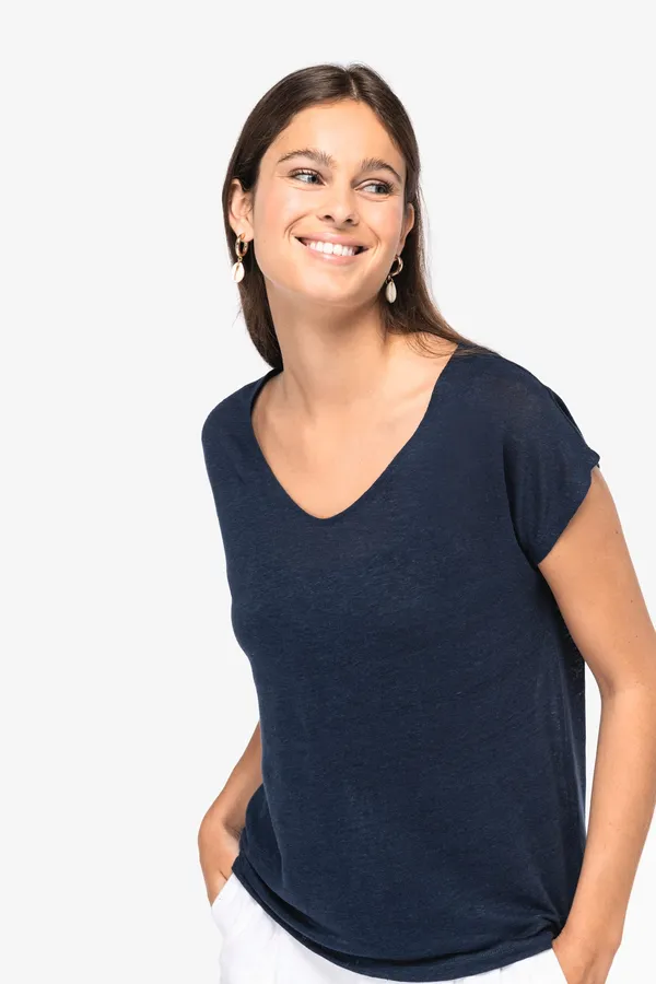 Ladies' V-neck linen t-shirt