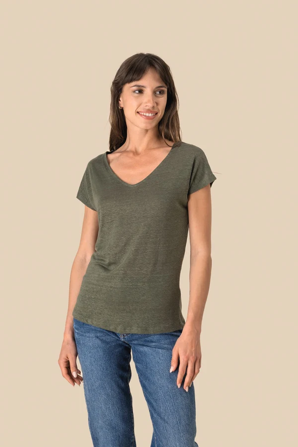Damen-T-Shirt aus Leinen mit V-Ausschnitt