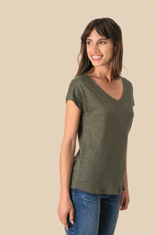 Damen-T-Shirt aus Leinen mit V-Ausschnitt