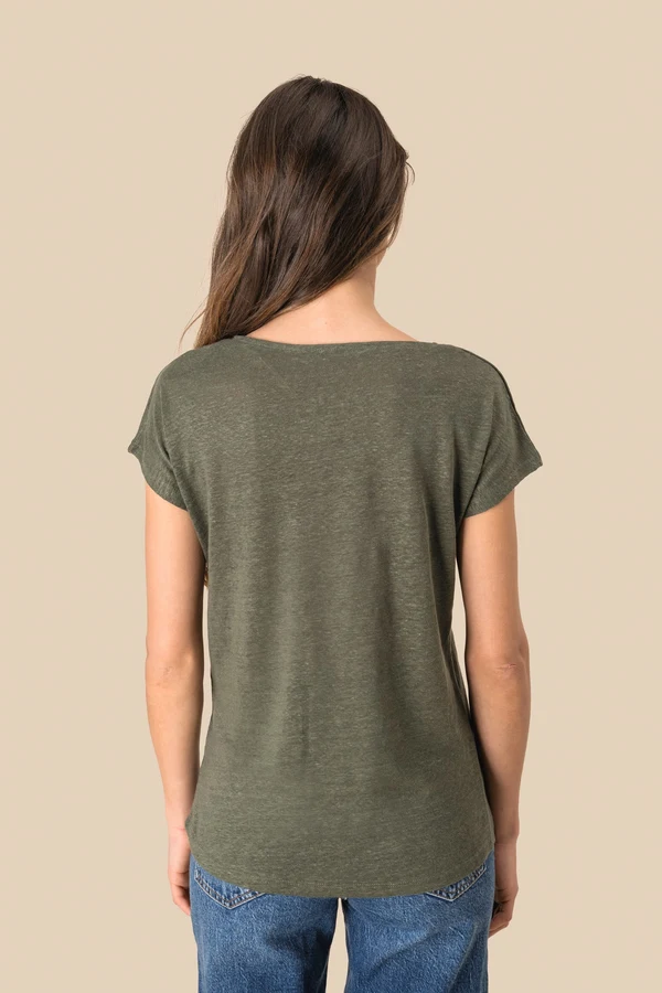Damen-T-Shirt aus Leinen mit V-Ausschnitt