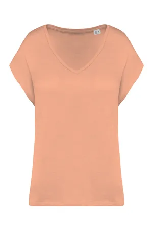 Umweltfreundliches Loose Damen-T-Shirt mit V-Ausschnitt Apricot