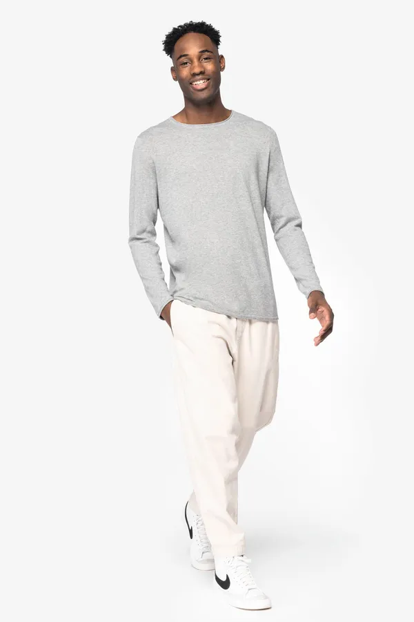 Eco-friendly men's raw edge collar round neck jumper