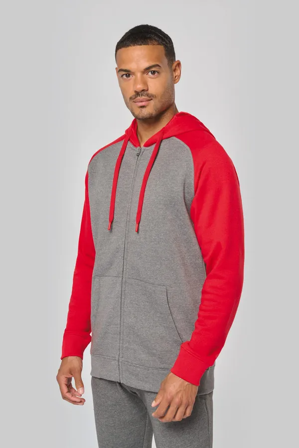 Zweifarbige Unisex-Fleecejacke mit Reißverschluss und Kapuze