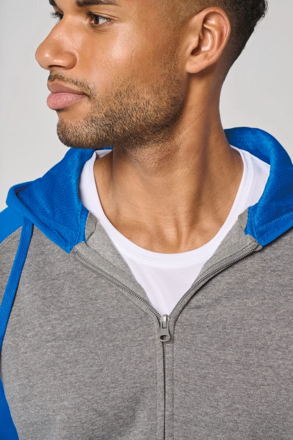 Zweifarbige Unisex-Fleecejacke mit Reißverschluss und Kapuze
