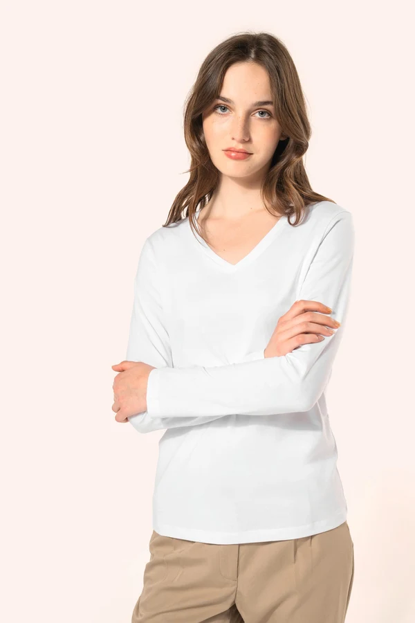 Supima® Damen-T-Shirt mit V-Ausschnitt und langen Ärmeln