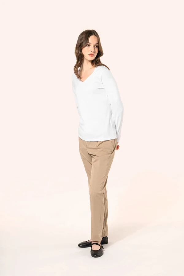 Supima® Damen-T-Shirt mit V-Ausschnitt und langen Ärmeln