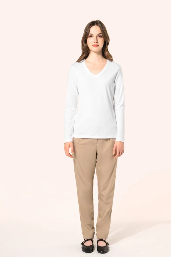 Supima® Damen-T-Shirt mit V-Ausschnitt und langen Ärmeln