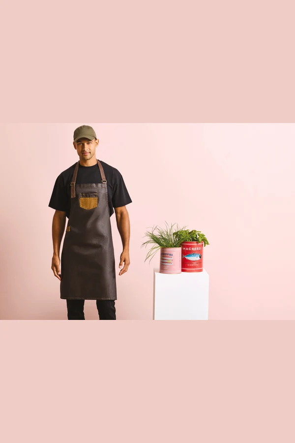 Division - Waxed look denim bib apron with faux leather