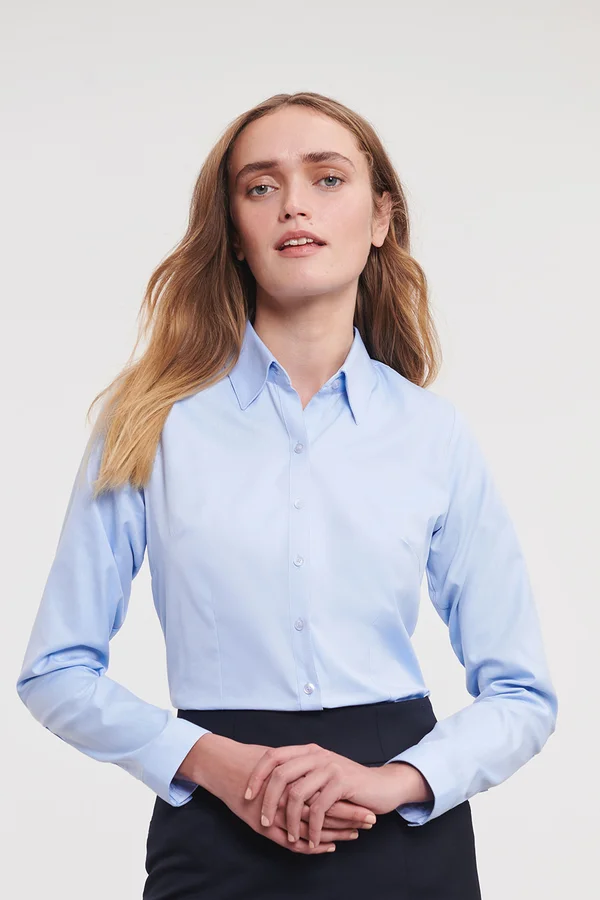 Ladies Long Sleeve Herringbone Shirt Light Blue
