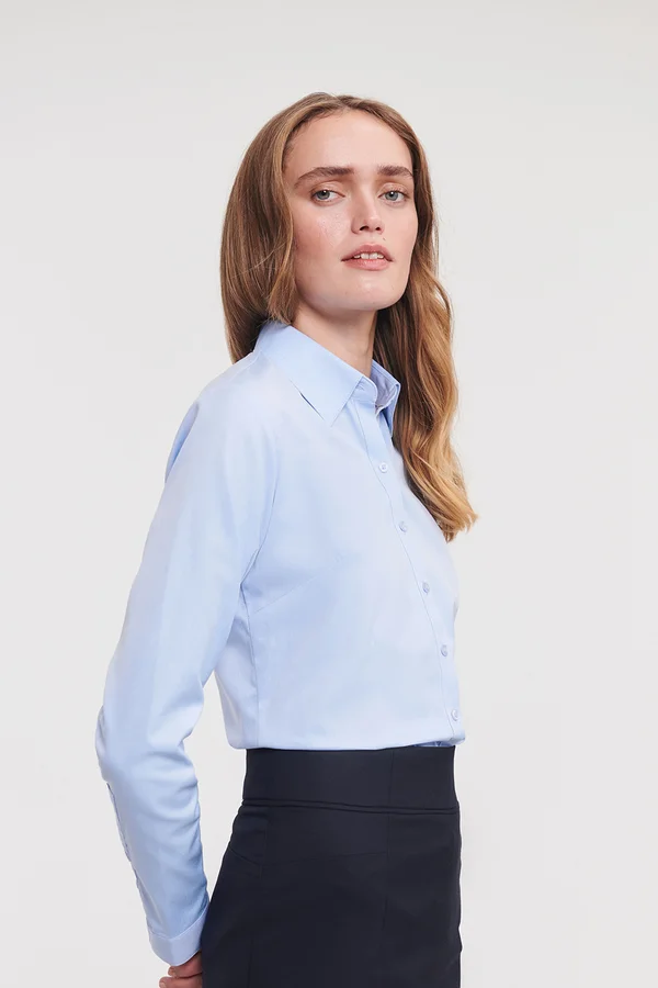 Ladies Long Sleeve Herringbone Shirt Light Blue