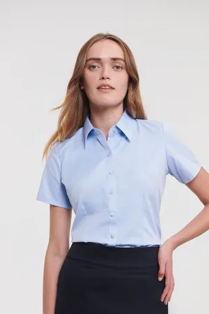 Ladies Short Sleeve Herringbone Shirt Light Blue