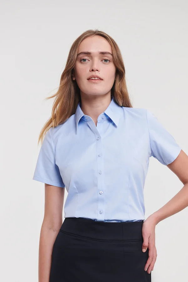 Ladies Short Sleeve Herringbone Shirt Light Blue