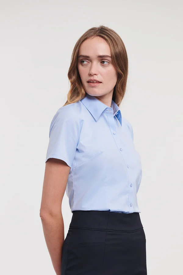 Ladies Short Sleeve Herringbone Shirt Light Blue