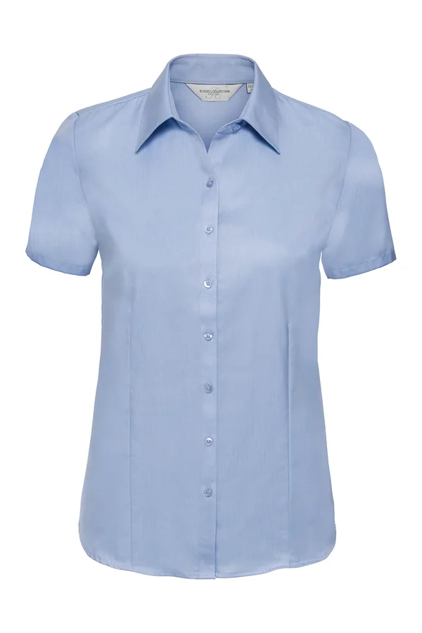 Ladies Short Sleeve Herringbone Shirt Light Blue