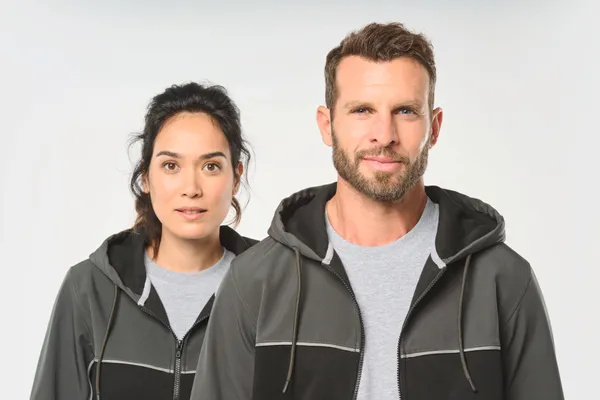 Umweltfreundliche, zweifarbige Molton-Kapuzenjacke mit Reißverschluss, Unisex