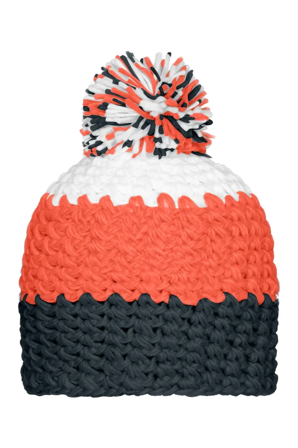 Crocheted Cap With Pompon carbon/orange/white