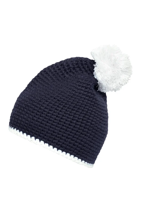 Pompon Hat With Contrast Stripe Navy / White
