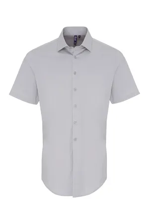 Men´s Stretch Fit Poplin Short Sleeve Cotton Shirt Silver (ca. Pantone 428C)