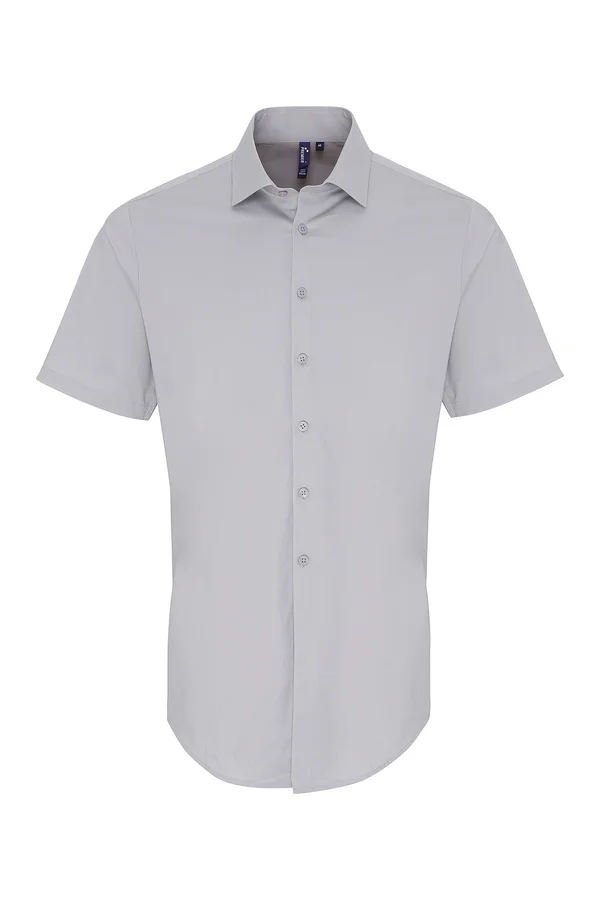 Men´s Stretch Fit Poplin Short Sleeve Cotton Shirt Silver (ca. Pantone 428C)