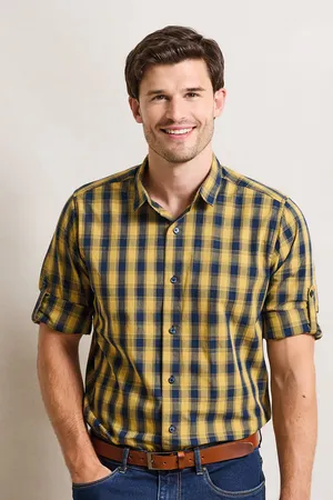 Men´s Mulligan Check Cotton Long Sleeve Shirt Camel (ca. Pantone 132C) / Navy (ca. Pantone 2378C)