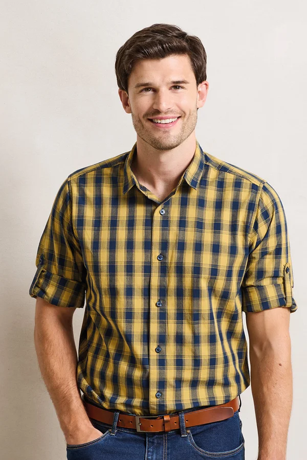 Men´s Mulligan Check Cotton Long Sleeve Shirt Camel (ca. Pantone 132C) / Navy (ca. Pantone 2378C)