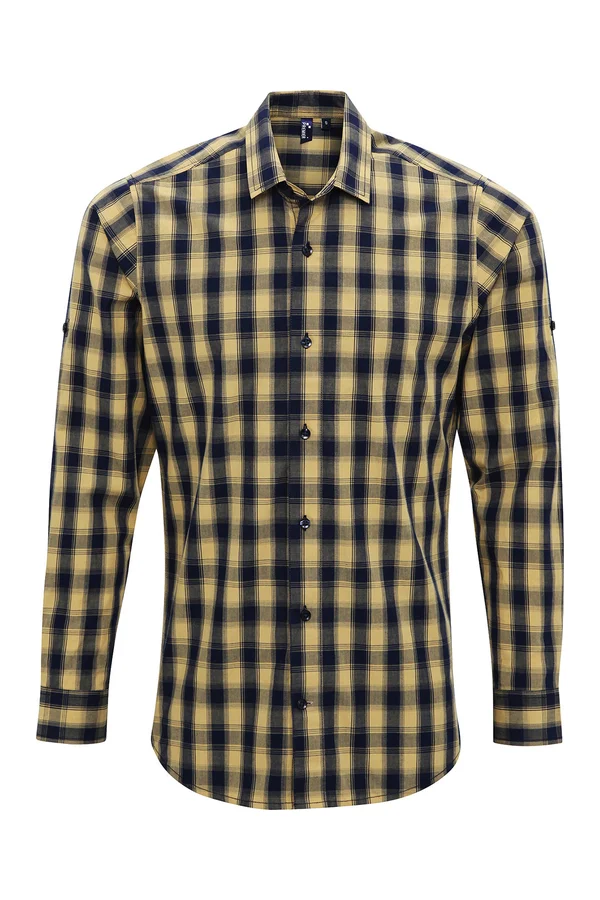 Men´s Mulligan Check Cotton Long Sleeve Shirt Camel (ca. Pantone 132C) / Navy (ca. Pantone 2378C)