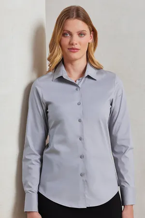 Women´s Stretch Fit Poplin Long Sleeve Cotton Shirt Silver (ca. Pantone 428C)