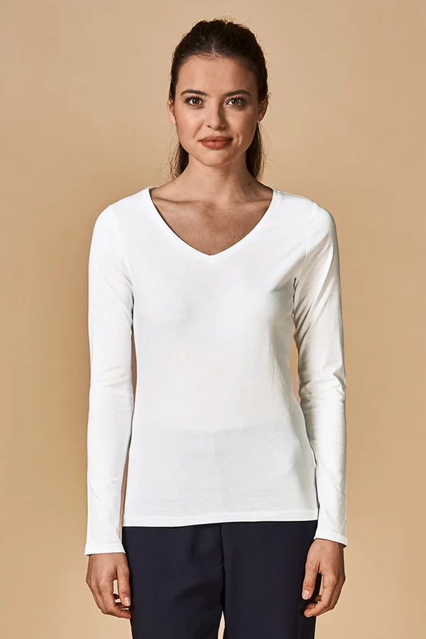 Women´s V-Neck T-Shirt Long Sleeve White