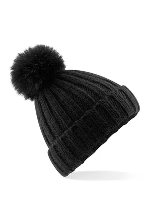 Verbier Faux Fur Pop Pom Chunky Beanie Black