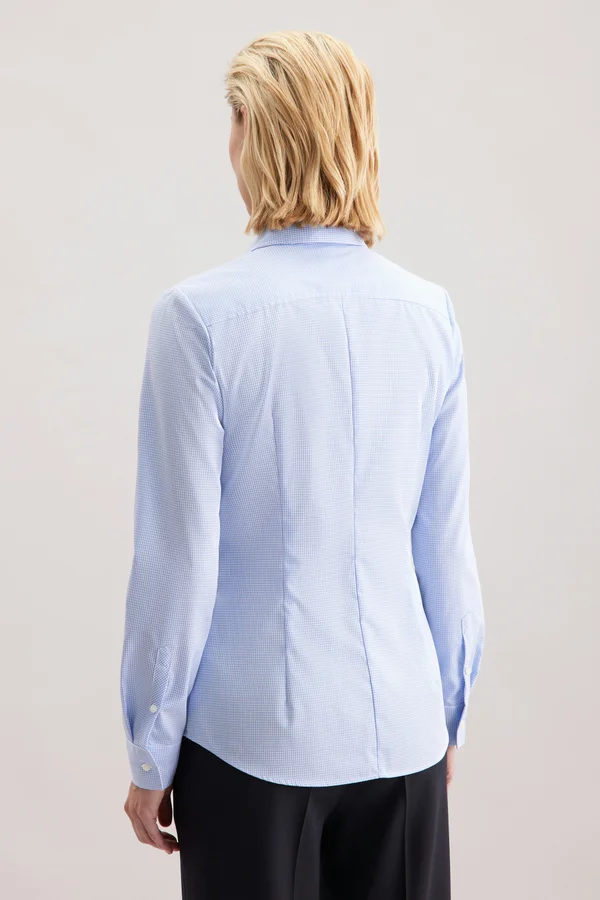 Women´s Blouse Slim Fit Check/Stripes Long Sleeve New Check Light Blue - White