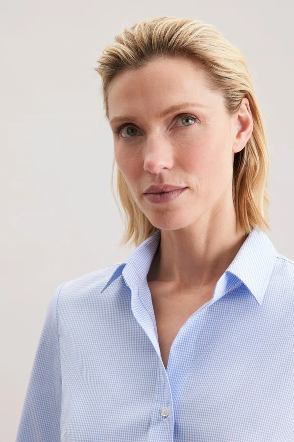 Women´s Blouse Slim Fit Check/Stripes Long Sleeve New Check Light Blue - White
