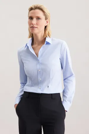 Women´s Blouse Slim Fit Check/Stripes Long Sleeve New Check Light Blue - White