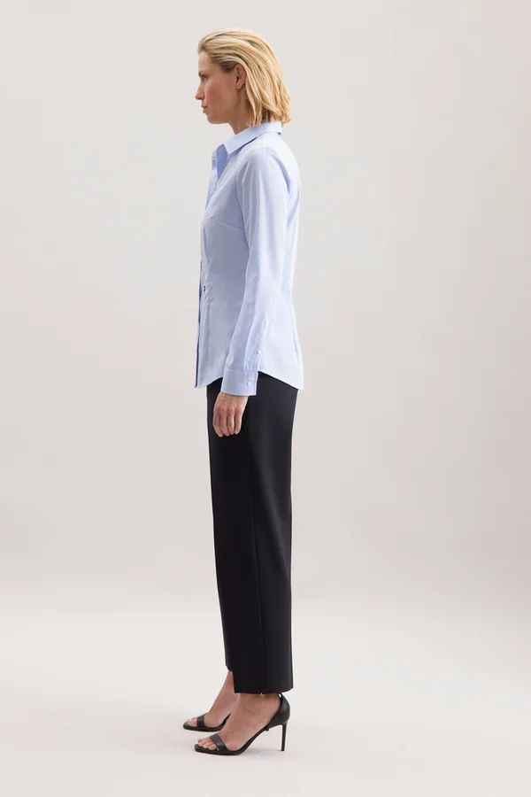 Women´s Blouse Slim Fit Check/Stripes Long Sleeve New Check Light Blue - White