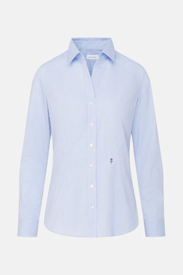 Women´s Blouse Slim Fit Check/Stripes Long Sleeve New Check Light Blue - White