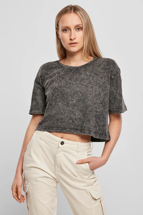 Ladies´ Acid Washed Cropped Tee Darkgrey White