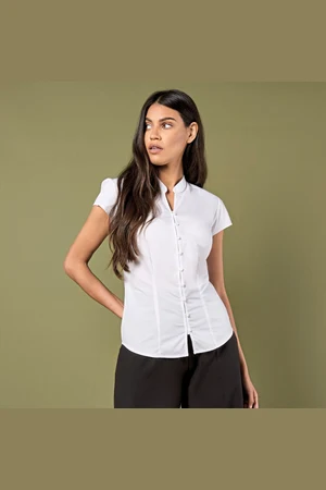 Tailored Fit Mandarin Collar Poplin Blouse Cap Sleeve