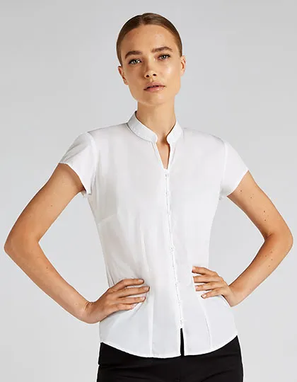 Tailored Fit Mandarin Collar Poplin Blouse Cap Sleeve