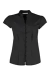 Tailored Fit Mandarin Collar Poplin Blouse Cap Sleeve Black